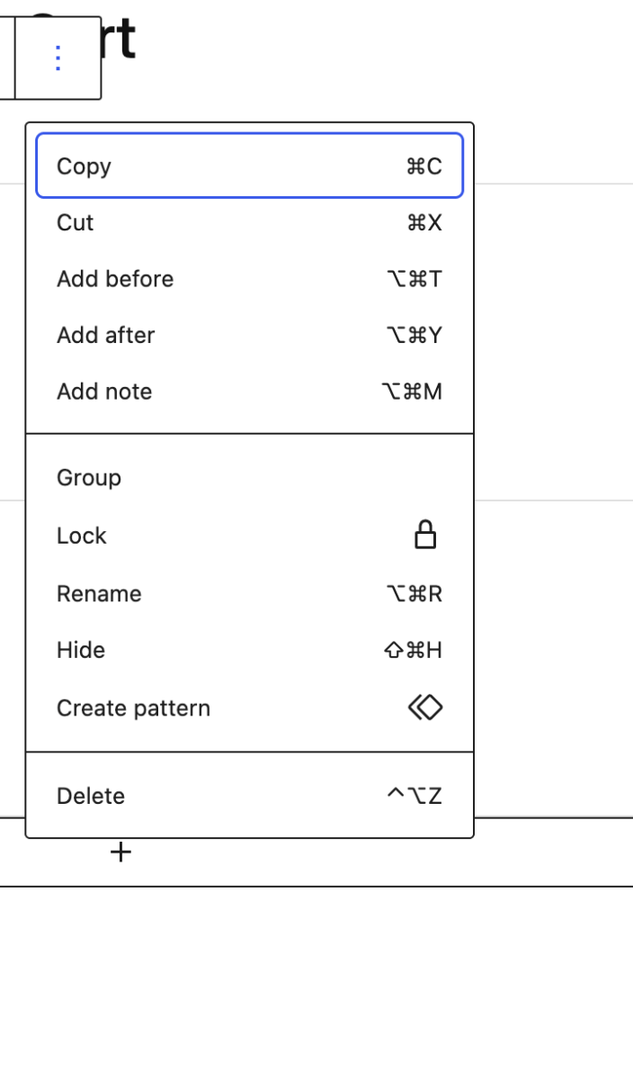 WordPress editor with a block Options menu open and Delete visible.