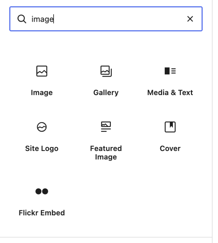 WordPress block inserter open with image entered in the search field.