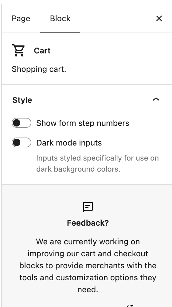 WordPress editor with a block selected and the Block settings sidebar open.