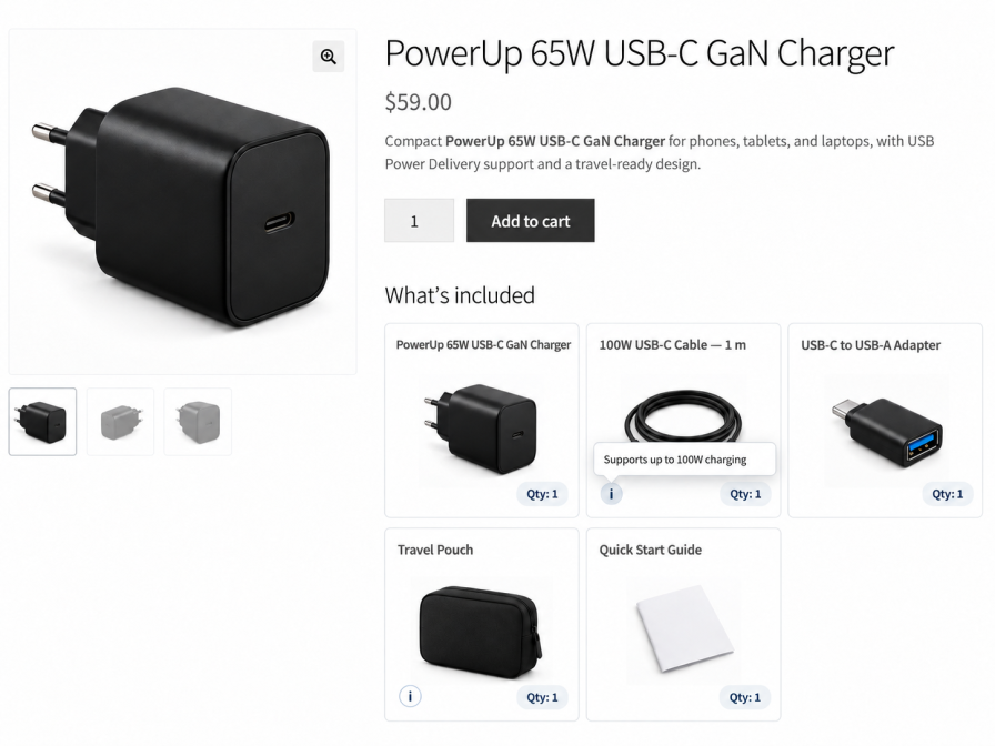 Box Contents Cards layout showing an included USB-C cable with its note displayed in an information popover