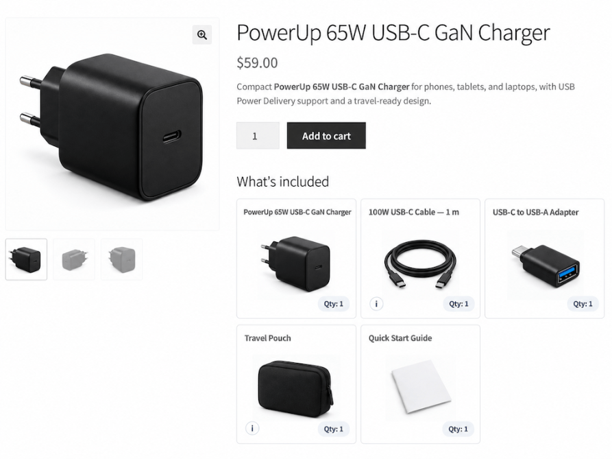 WooCommerce product page showing Box Contents in the Cards layout with five included items
