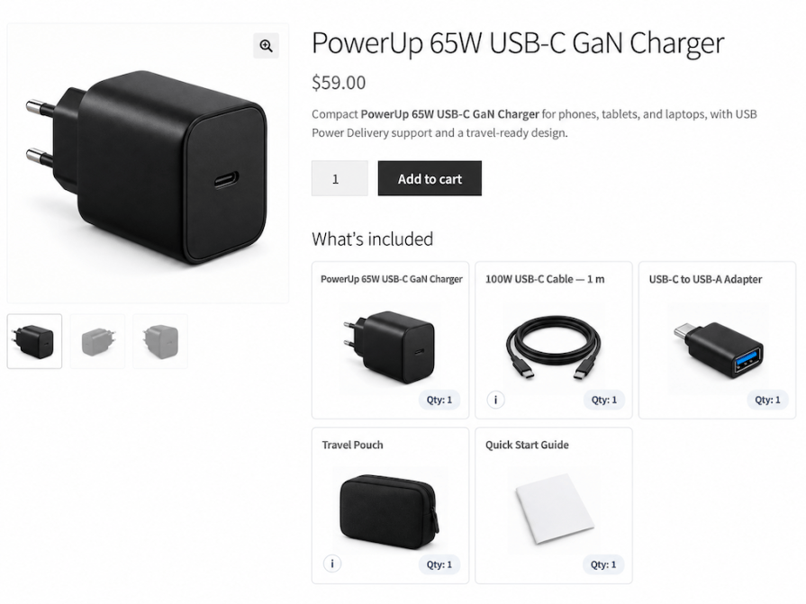 WooCommerce product page showing Box Contents in the Cards layout with five included items