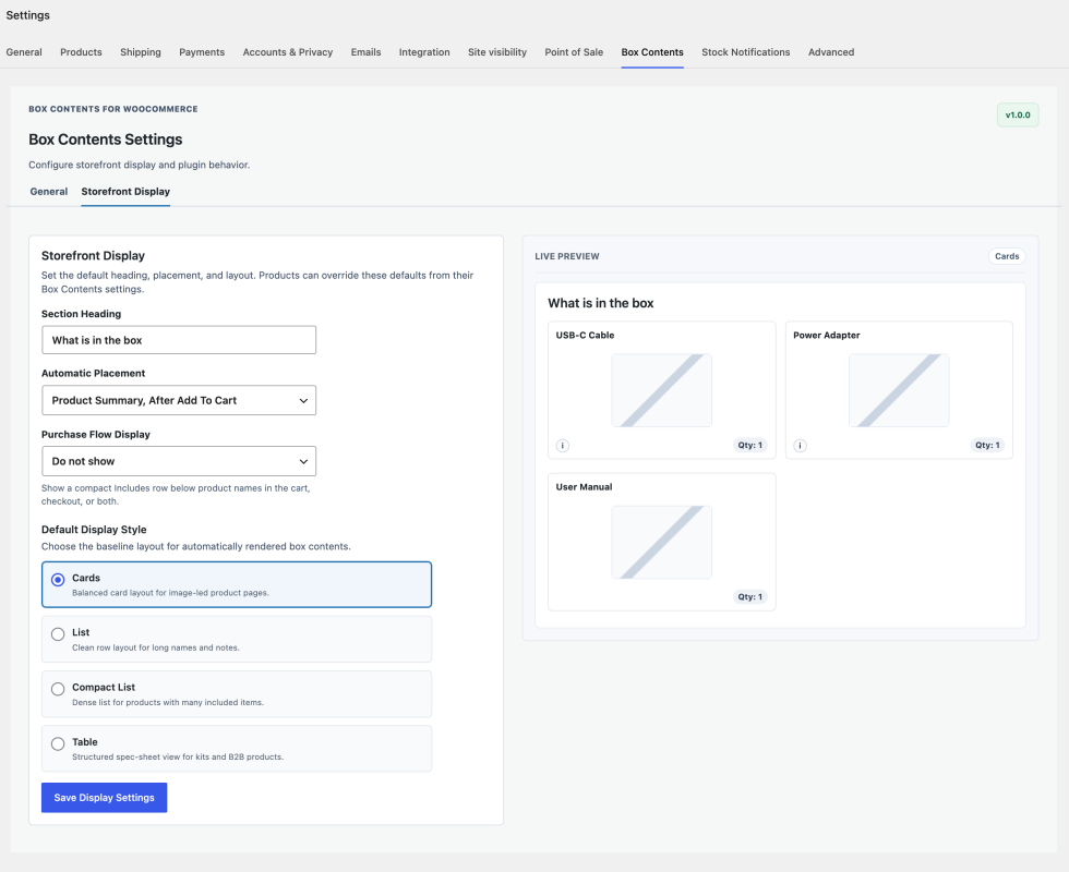 Box Contents for WooCommerce global Storefront Display settings with default heading, placement, purchase-flow display, layout options, and live preview