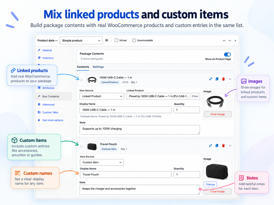 Box Contents for WooCommerce showing Linked Product and Custom Item configuration with images, display names, quantities, and notes