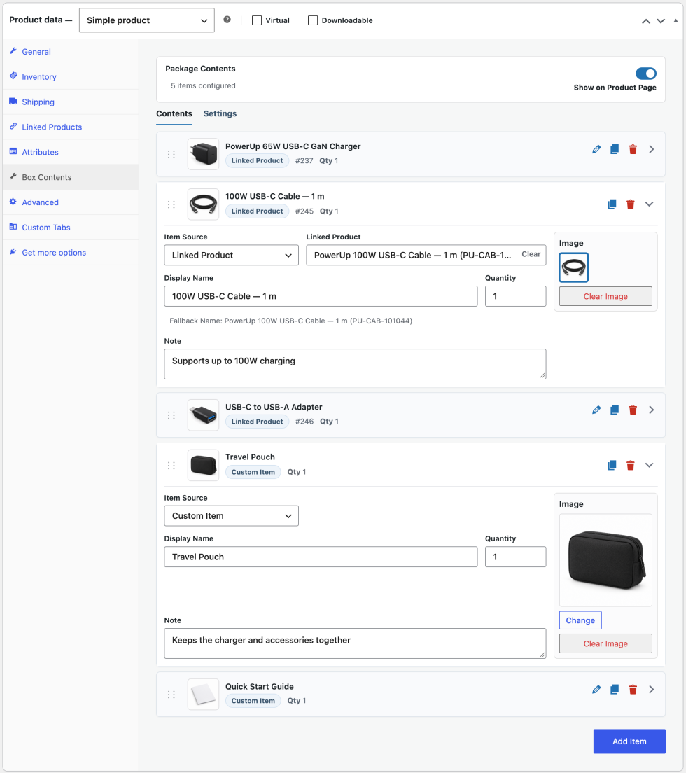 Product Notes Examples Box Contents Documentation - WooCommerce
