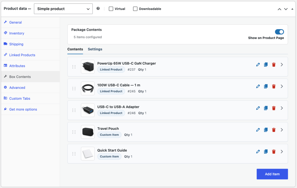 WooCommerce Product data panel with the Box Contents tab showing package contents, linked products, custom items, and product-page display controls