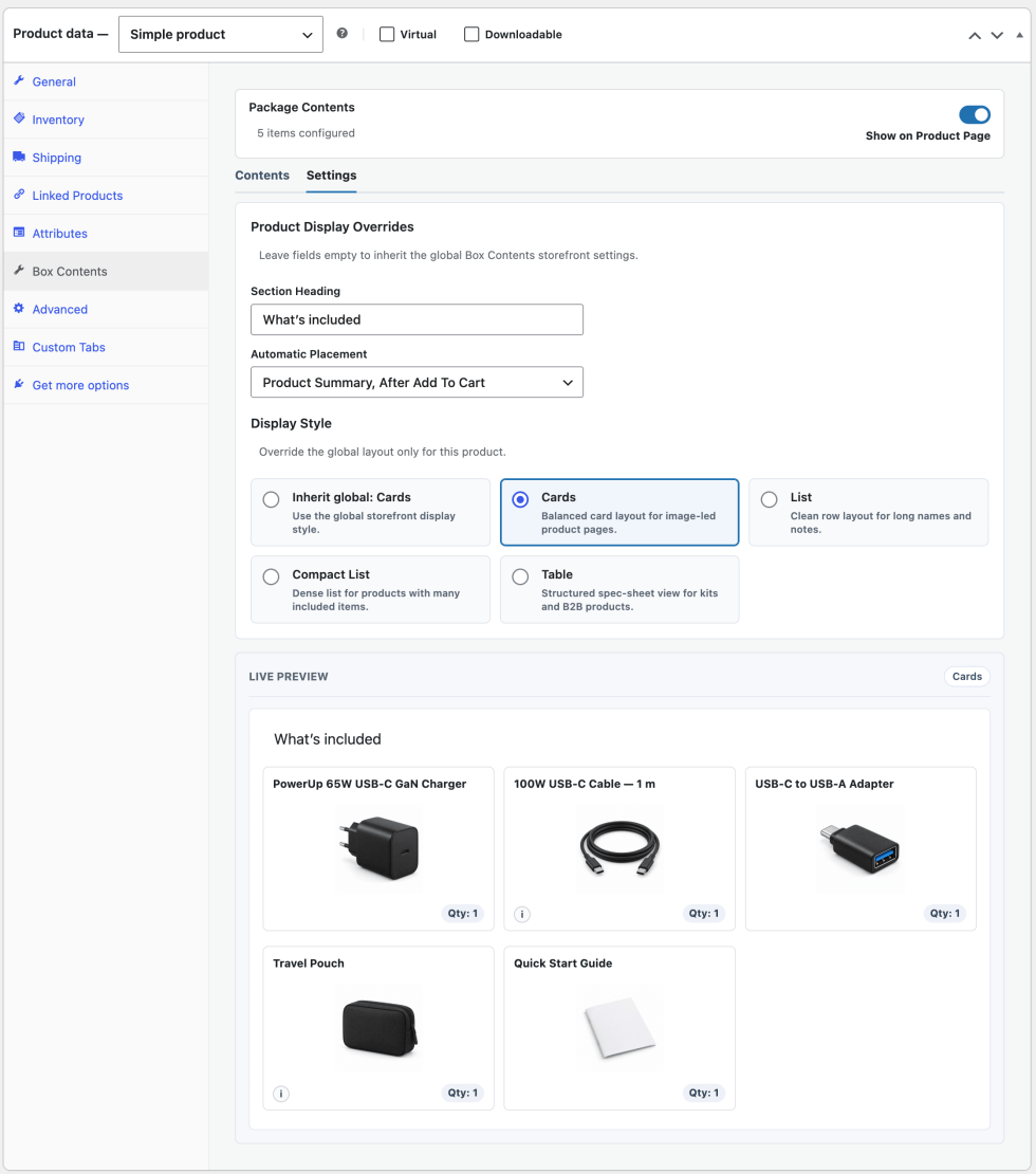 Box Contents product settings showing product-level section heading, automatic placement, display style override, and live preview