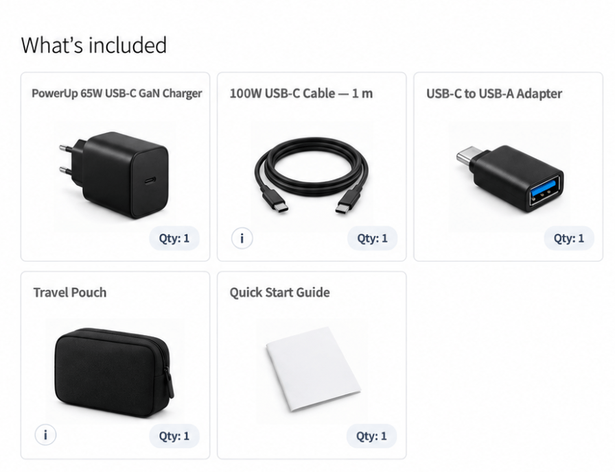 Box Contents for WooCommerce showing five included items in the Cards layout with images and quantities