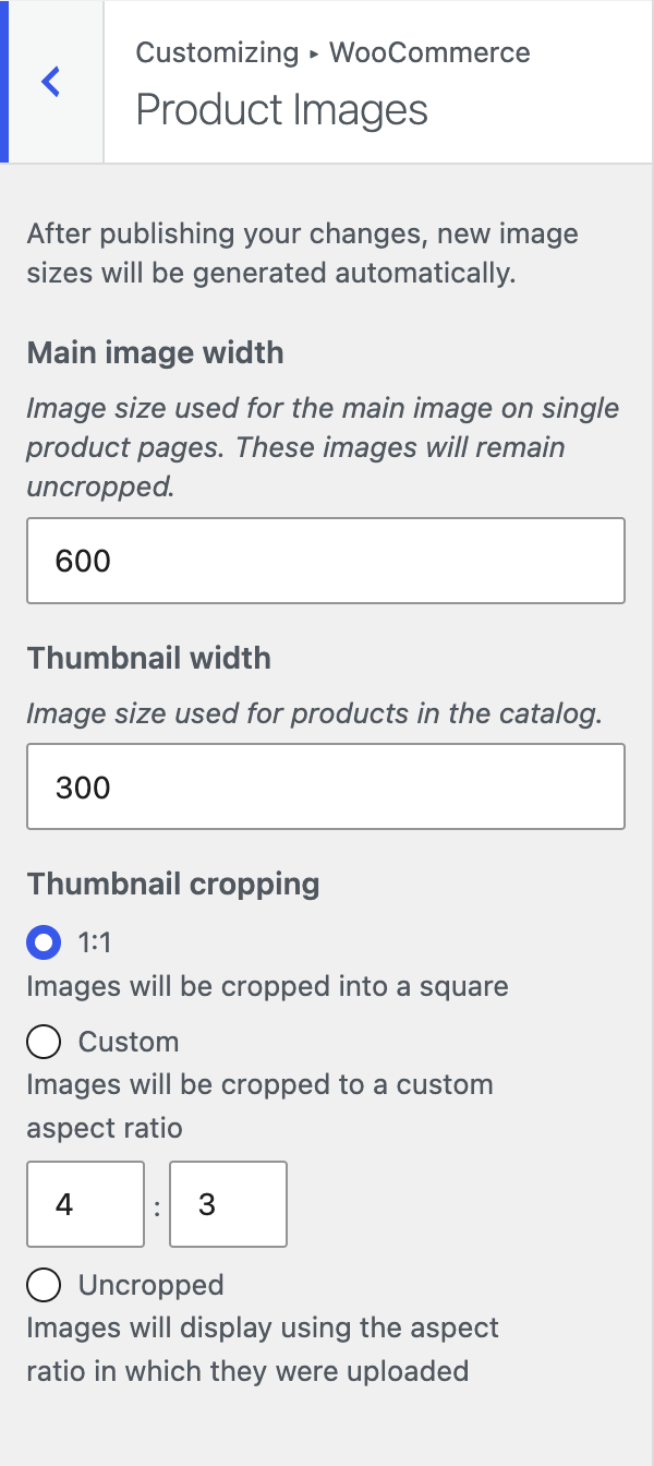 Customizer Product Images panel with Main image width, Thumbnail width, and Thumbnail cropping options