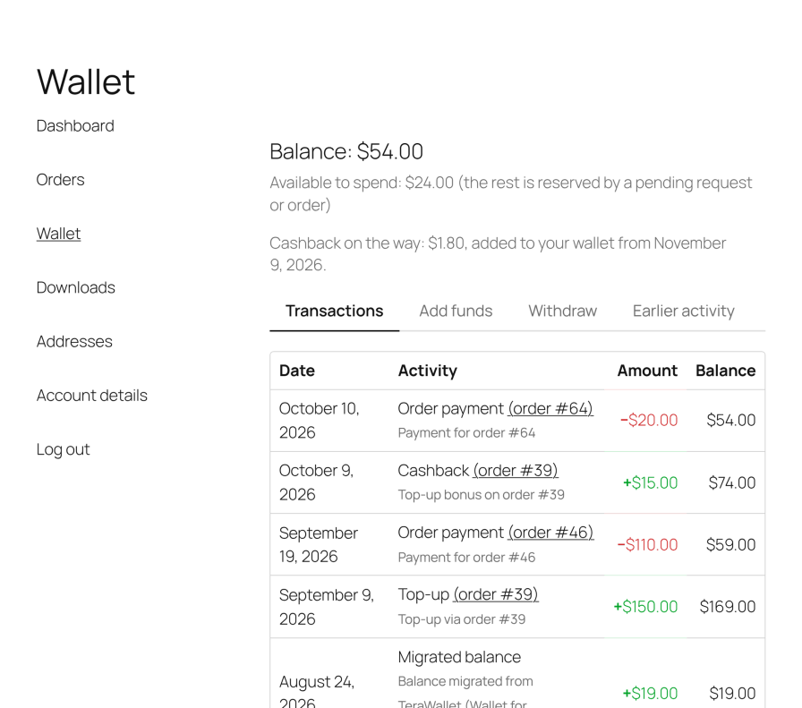 Elite Balance for WooCommerce. My Account: the wallet history, with cashback on the way announced up top