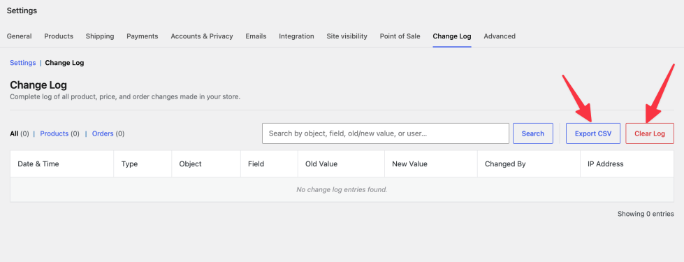 The Change Log table with no entries yet, showing the All, Products, and Orders filter links and the Export CSV and Clear Log buttons