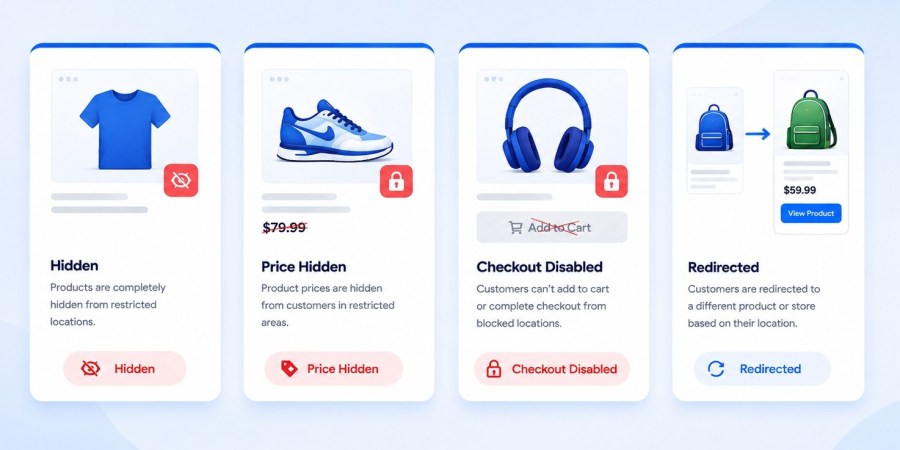GeoShield restriction strategy options: hide product, hide price, disable checkout, geo-forward