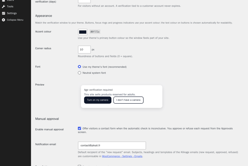 Appearance settings with accent color, corner radius, font, and a live preview of the verification window