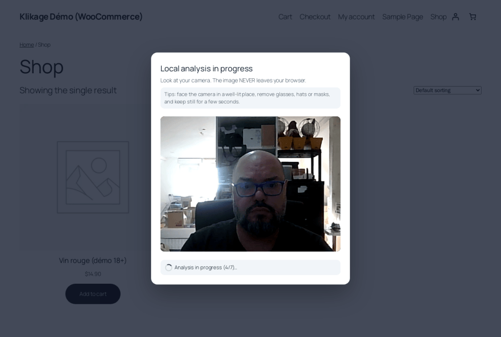 Facial age estimation in progress: the customer's camera view is analyzed locally in the browser, 7 readings