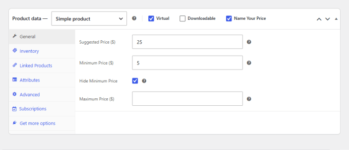 The Product data box for a donation: Simple product with Virtual and Name Your Price ticked, and the General tab showing Suggested Price 25, Minimum Price 5, and Hide Minimum Price enabled.