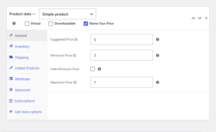 The Product data box for a simple product with the Name Your Price checkbox ticked, and the General tab showing Suggested Price 5, Minimum Price 3, Hide Minimum Price unchecked, and Maximum Price 7.