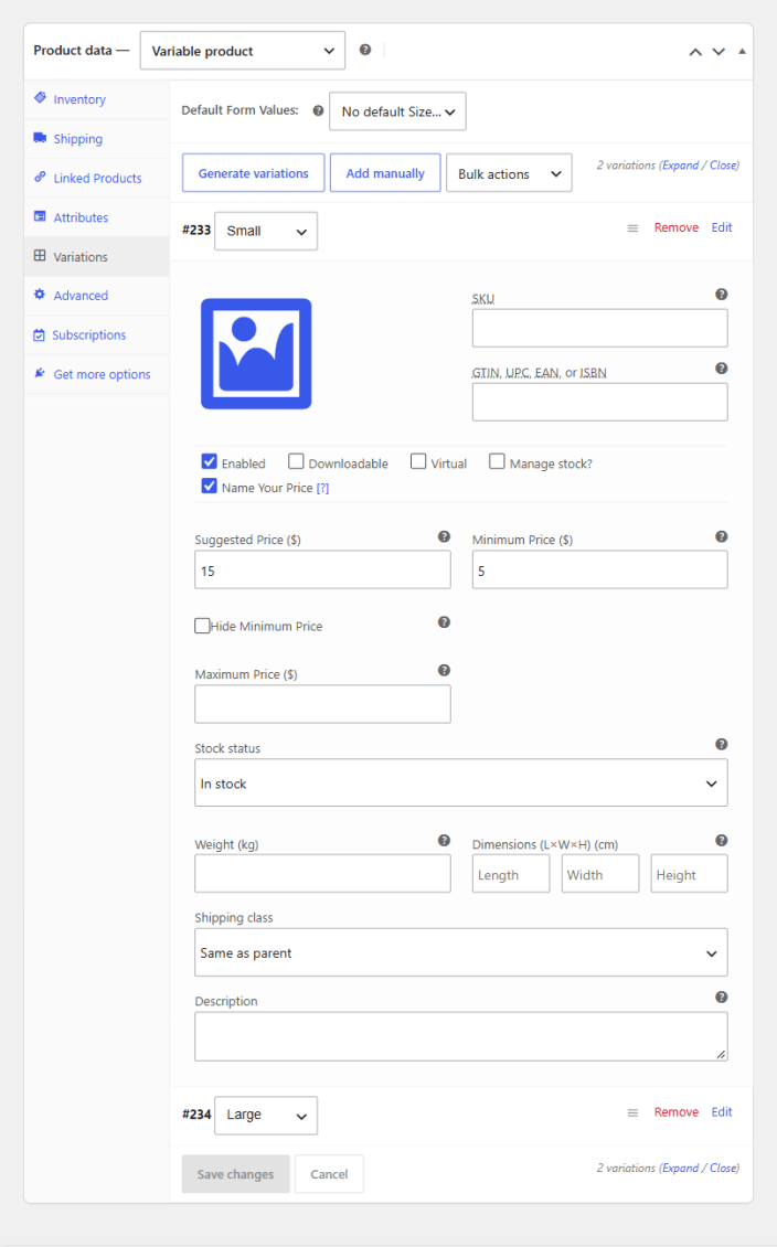 The Variations tab of a variable product with one variation expanded, its Name Your Price checkbox ticked, and per-variation Suggested Price 15 and Minimum Price 5 fields.