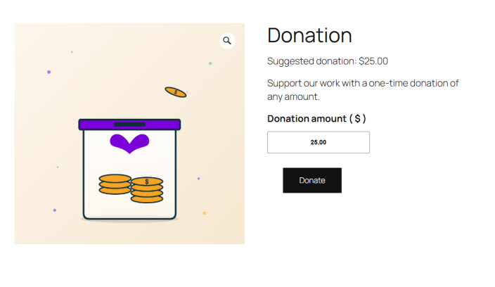 A donation product page with a donation jar image, the text Suggested donation: .00, a Donation amount input with 25.00 entered, and a Donate button.