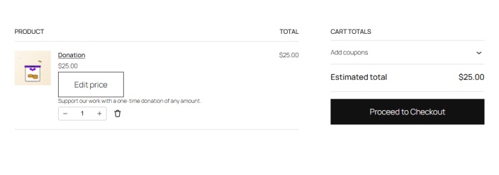 The cart with one Name Your Price line at .00 showing an Edit price button, and the cart totals beside it.