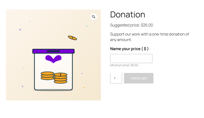 A product page showing the text Suggested price: .00, a Name your price input that starts empty, the text Minimum price: .00 below it, and an Add to cart button.