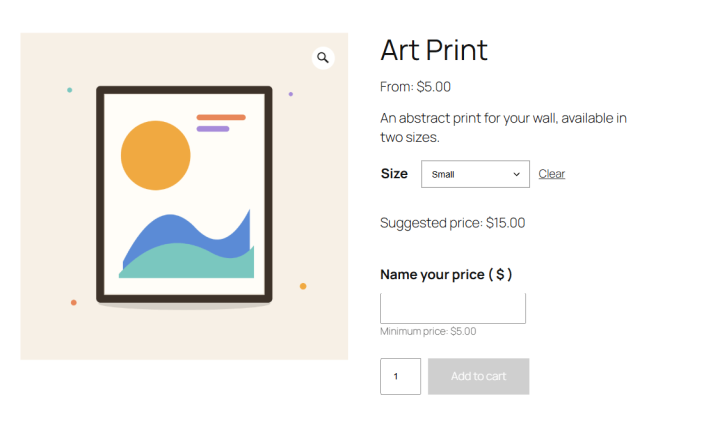 A variable product page with the Small size selected, showing that variationโs Suggested price: .00, the Name your price input, and Minimum price: .00.