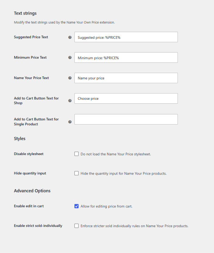 The Name Your Price settings tab with its three groups: Text strings, Styles, and Advanced Options, all at their default values.