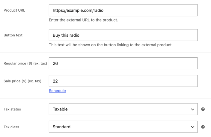 General settings for an External or Affiliate product showing an example product URL, button text, prices, and tax settings.