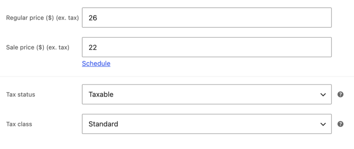 General settings for a Simple product showing regular and sale prices, tax status, and tax class.