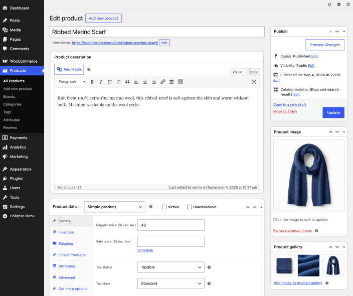 Product edit screen with the Product image and Product gallery boxes in the right sidebar