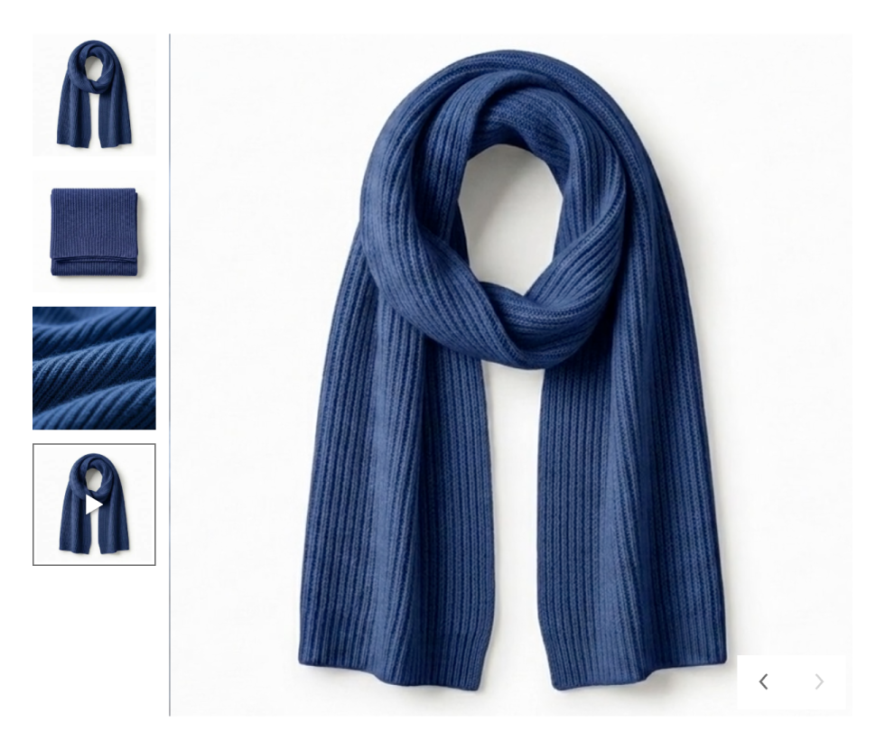 Product page gallery with three image thumbnails and one video thumbnail marked with a play icon; the video is selected and shows in the viewer
