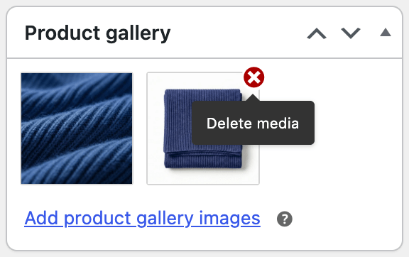 Product gallery box with the red delete icon and Delete media tooltip on a hovered image