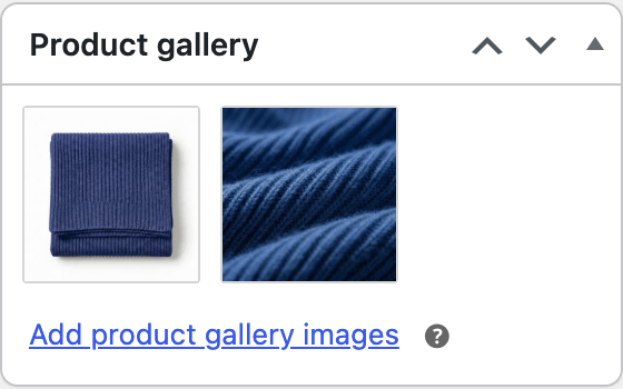 Product gallery box with two images and the Add product gallery images link