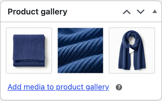 Product gallery box with two images and a video preview
