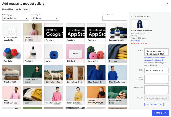 Media Library modal titled Add images to product gallery with one image selected and the Add to gallery button
