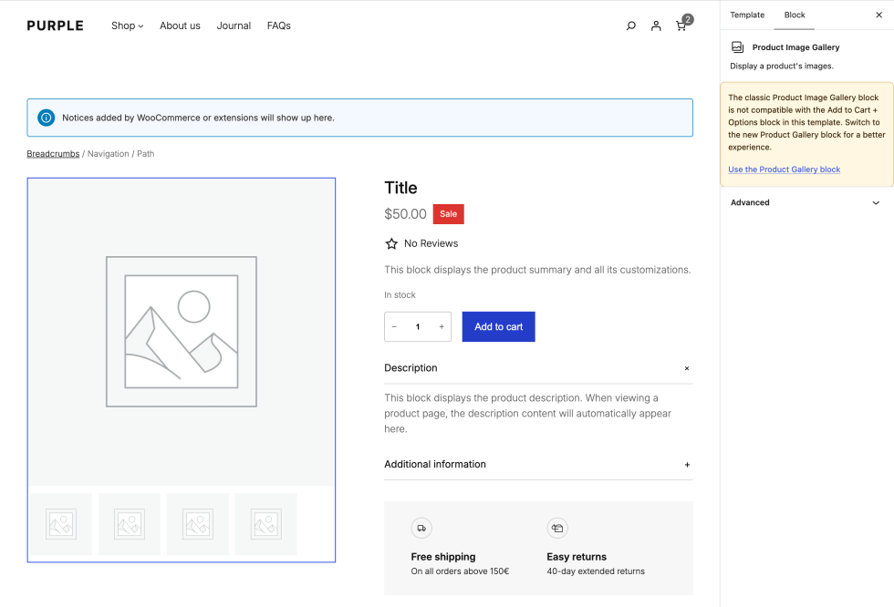 Site Editor Single Product template with the classic Product Image Gallery block selected; the sidebar shows a warning that it is not compatible with the Add to Cart + Options block and a Use the Product Gallery block link