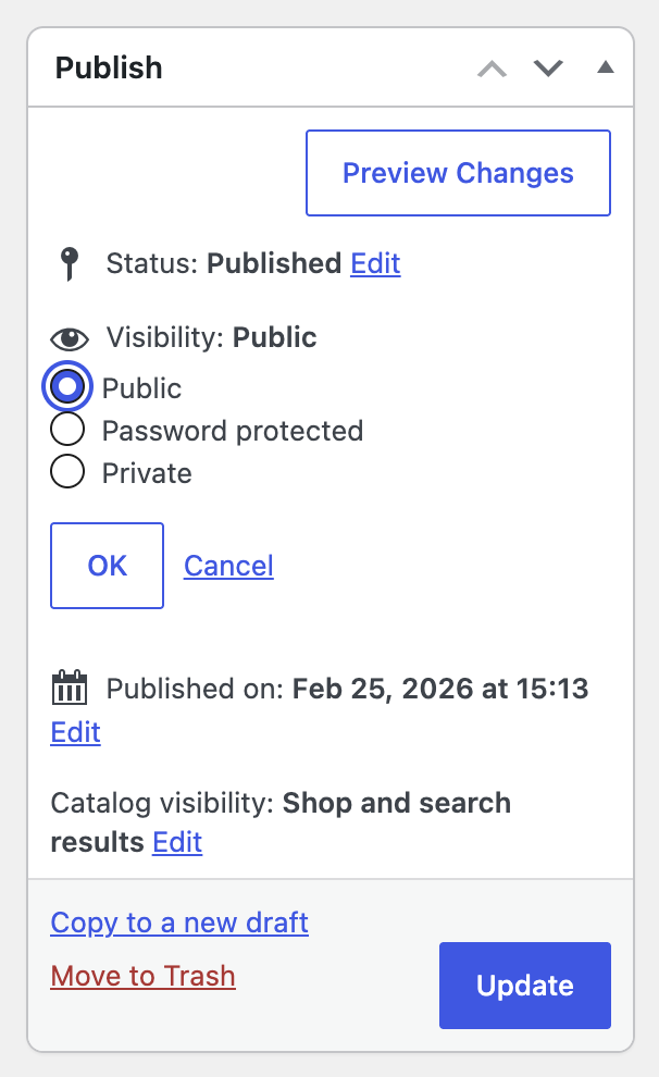 Publish panel with Public, Password protected, and Private visibility options
