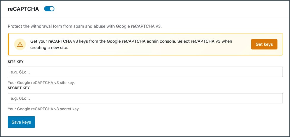 reCAPTCHA - Withdrawal button