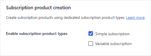The Subscription product creation setting under WooCommerce > Settings > Subscriptions, with Simple subscription enabled.
