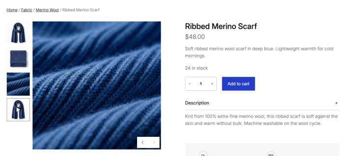 Product page with the gallery video playing and its thumbnail marked with a play icon