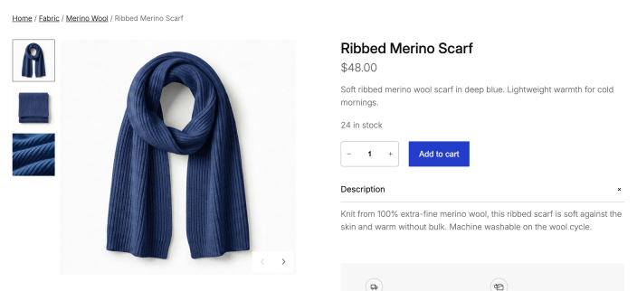 Product page on the Purple theme showing the product image with two gallery thumbnails
