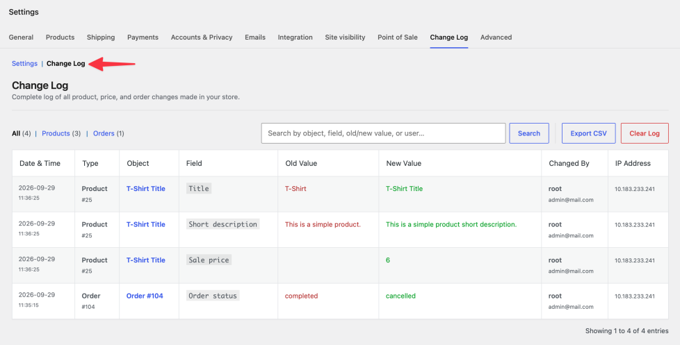 The Change Log table showing three entries: an order billing city change, a product sale price change, and a product regular price change, each with old value, new value, editor, and IP address