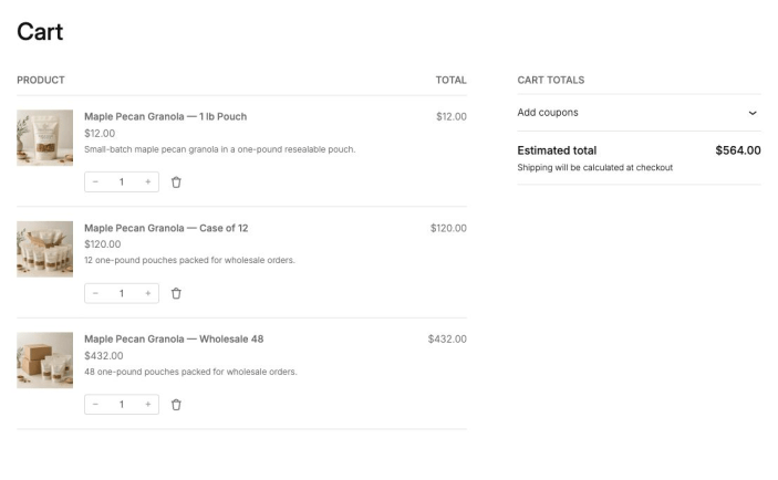 Cart page showing Maple Pecan Granola — 1 lb Pouch, Case of 12, and Wholesale 48 in the cart.