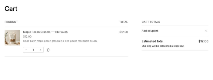 Cart page showing Maple Pecan Granola — 1 lb Pouch in the cart.
