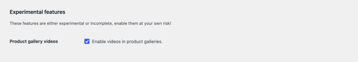Experimental features section with the Product gallery videos checkbox enabled