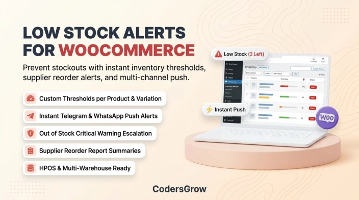 WooCommerce low stock alerts guide banner showing inventory thresholds, supplier reorder alerts, and multi-channel push