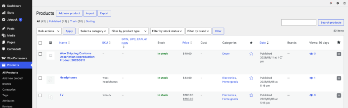 Products screen with Import and Export buttons beside Add new product