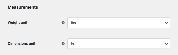 WooCommerce Products settings showing weight units set to pounds and dimension units set to inches.