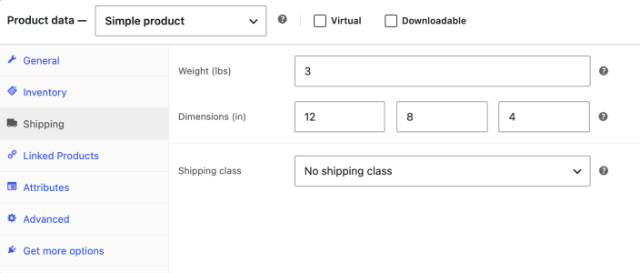 Product data Shipping tab showing product weight and dimensions fields for a simple product.
