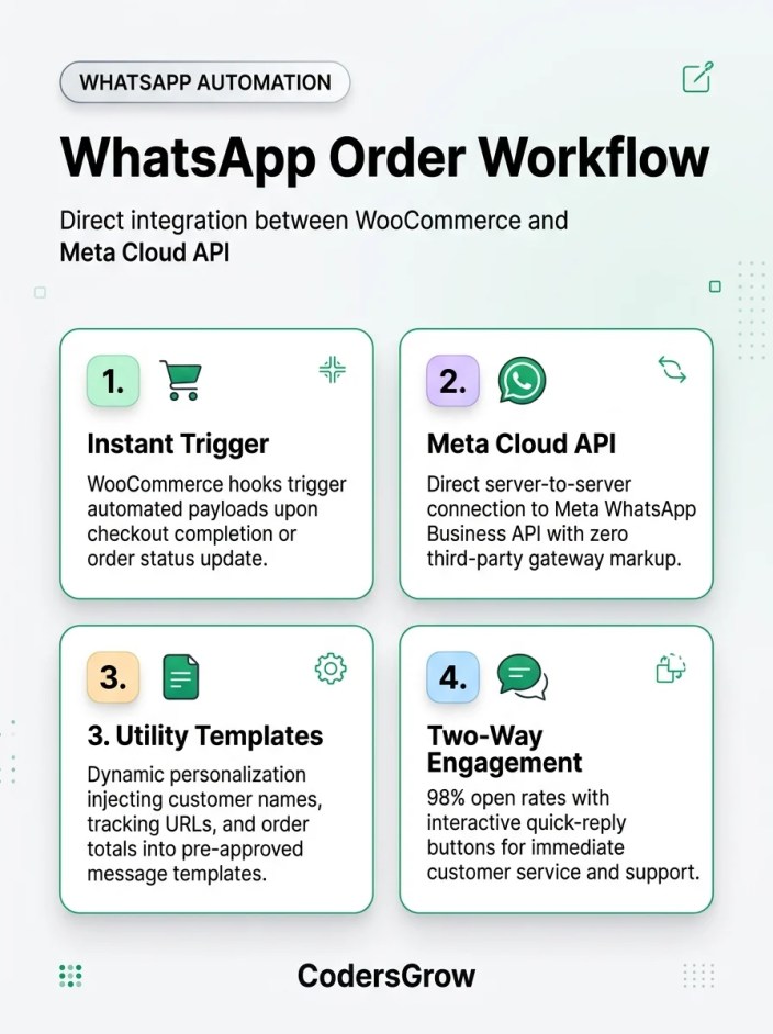 WooCommerce WhatsApp notifications architecture workflow diagram showing Meta Cloud API triggers, utility templates, and customer updates