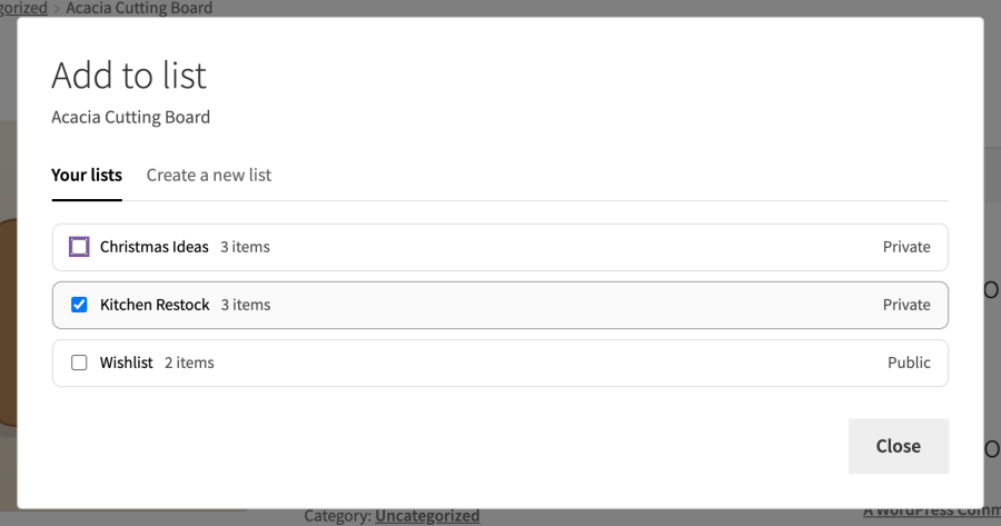 The Add to list dialog showing three named wishlists with item counts and Private or Public labels, one ticked